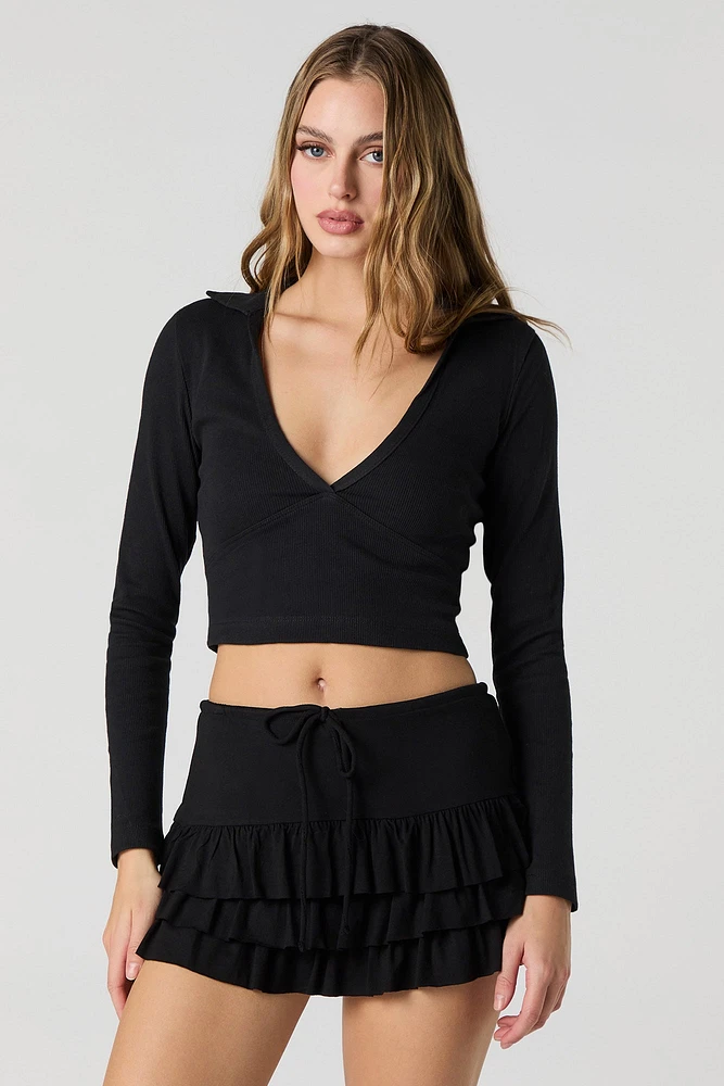 Ribbed Collared Cropped Long Sleeve Top