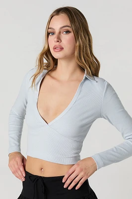 Ribbed Collared Cropped Long Sleeve Top