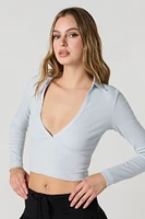 Ribbed Collared Cropped Long Sleeve Top