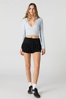 Ribbed Collared Cropped Long Sleeve Top