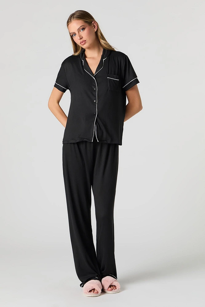 Button-Up Short Sleeve Top & Pant 2 Piece Pajama Set