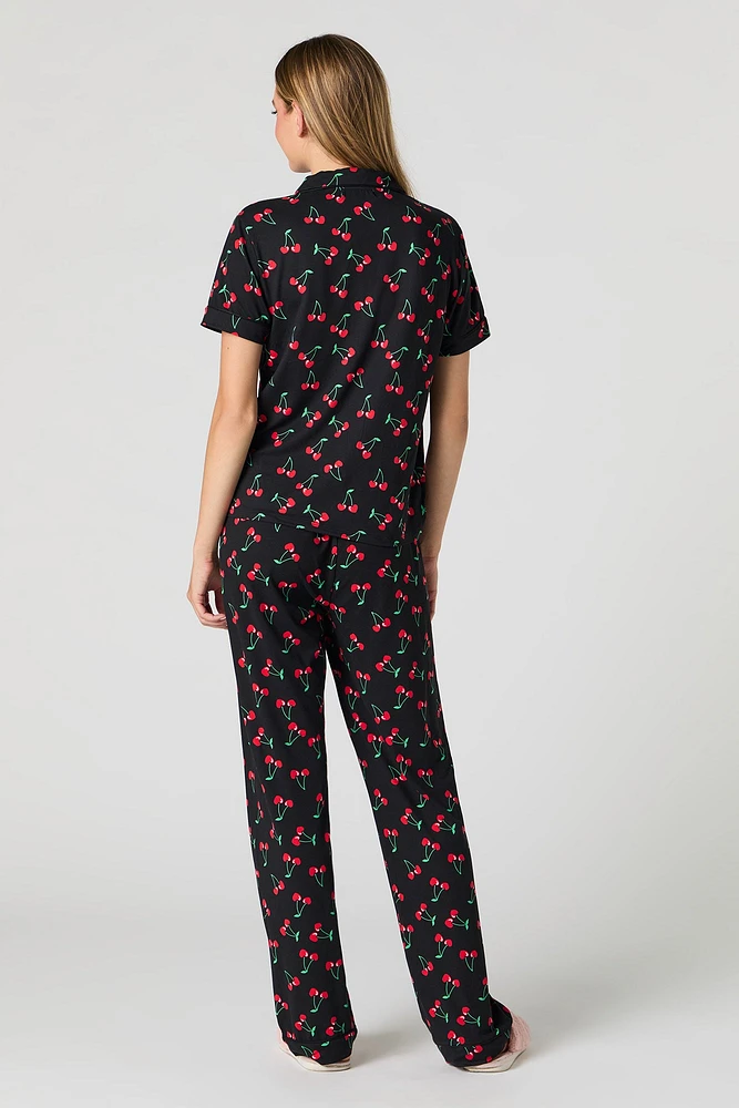 Ensemble-pyjama 2 pièces haut à manche courte boutonné et pantalon