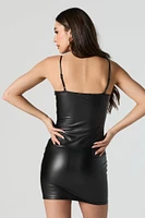 Faux-Leather V-Neckline Bodycon Mini Dress