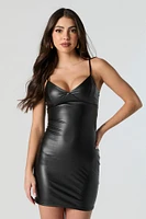 Faux-Leather V-Neckline Bodycon Mini Dress