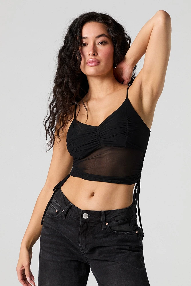 Mesh Ruched Side Tie V-Neck Cami