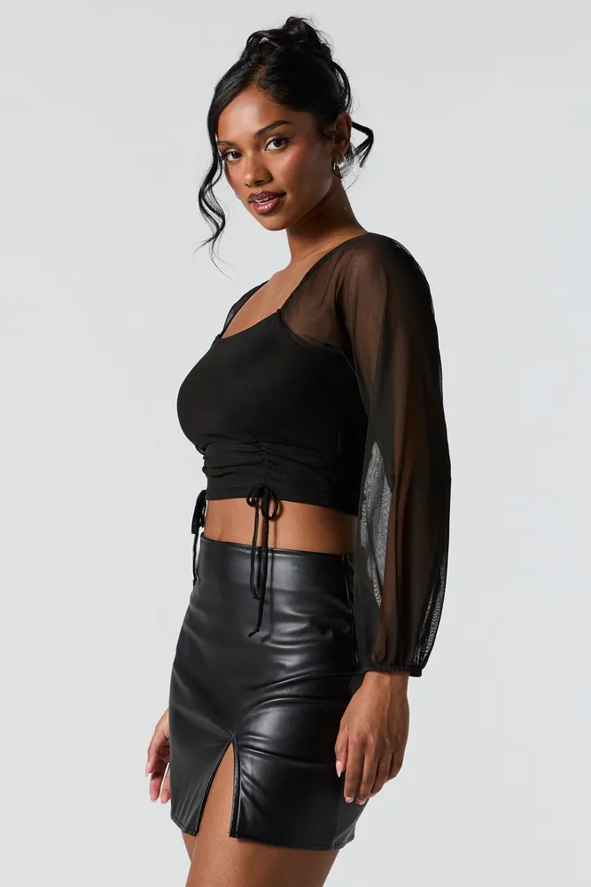 Black Faux Leather Long Sleeve Crop Top