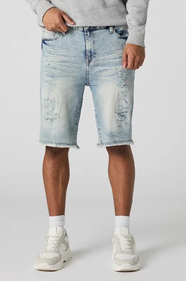 Short en denim d'aspect usé avec franges