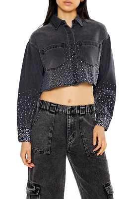 Denim Rhinestone Cropped Button-Up Top