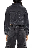 Denim Rhinestone Cropped Button-Up Top