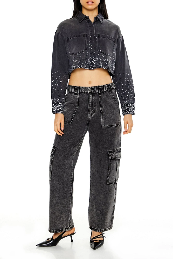 Denim Rhinestone Cropped Button-Up Top