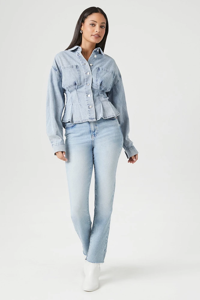 Pleated Denim Button-Up Top