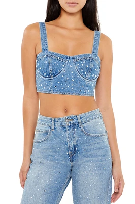 Haut bustier écourté en denim orné de pierres du Rhin