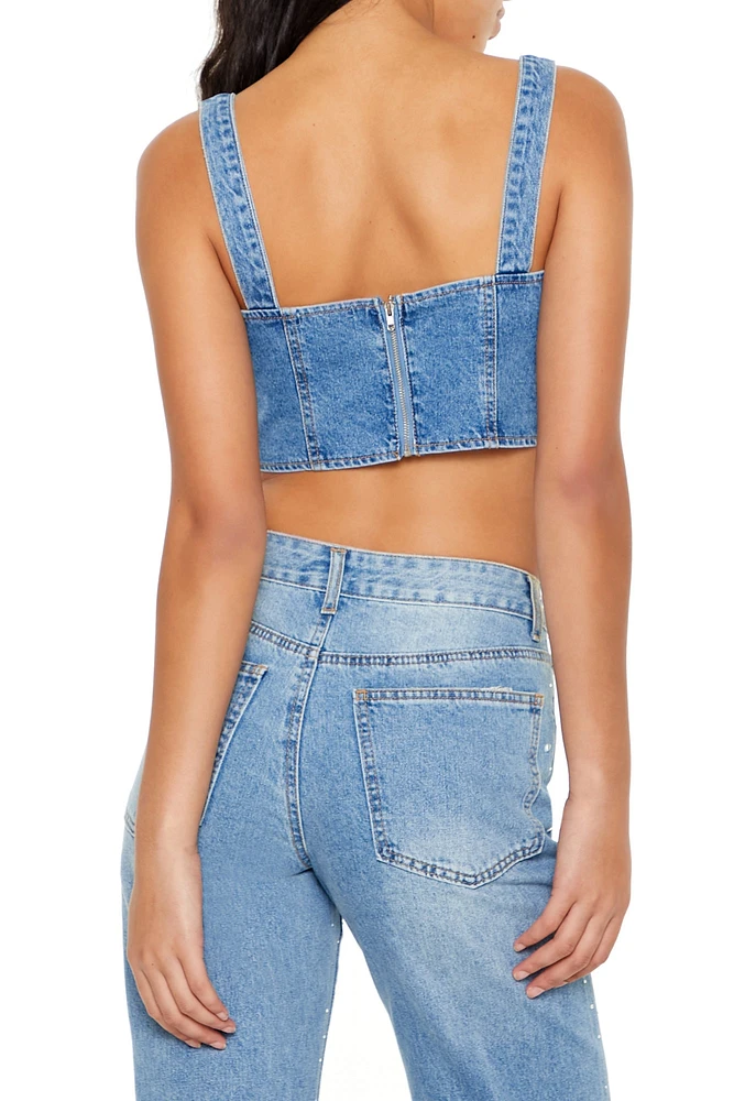 Haut bustier écourté en denim orné de pierres du Rhin