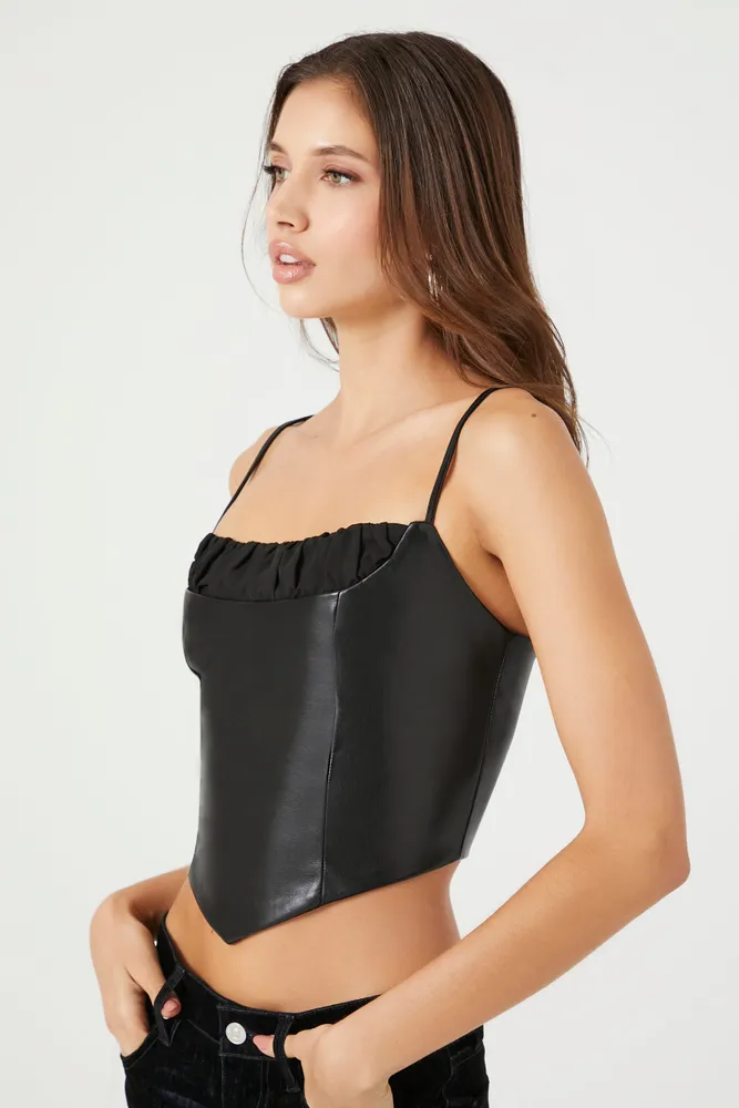 Faux Leather Ruffle Trim Crop Top