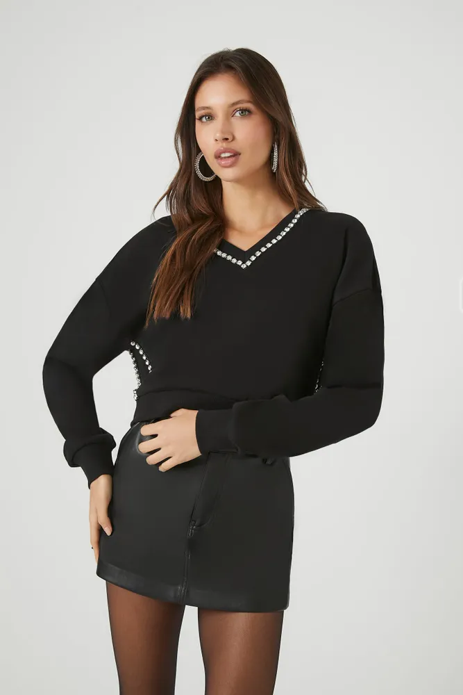 Rhinestone Trim V-Neck Sweater