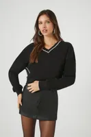 Rhinestone Trim V-Neck Sweater