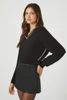 Rhinestone Trim V-Neck Sweater