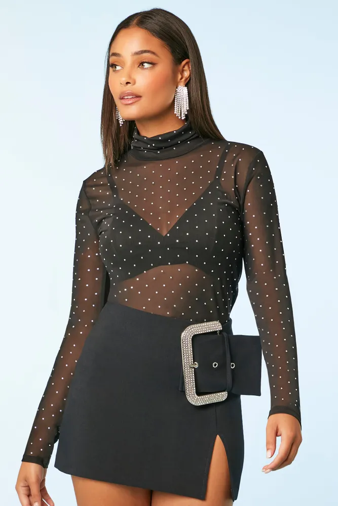 Sheer Rhinestone Turtleneck Top