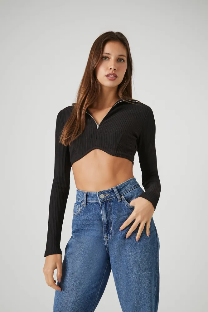 Half Zip Cropped Long Sleeve Top