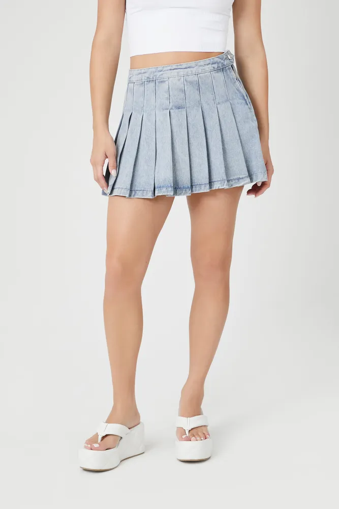 Denim Pleated Mini Skirt