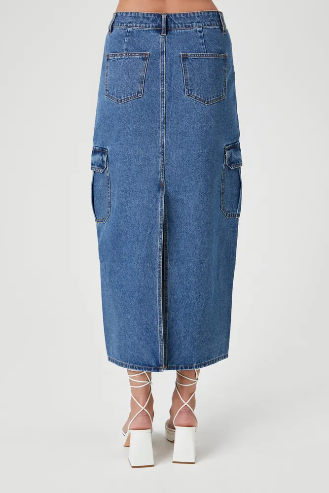 Denim Cargo Midi Skirt