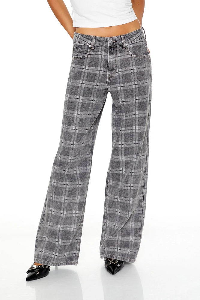 Plaid Mid-Rise Baggy Jeans