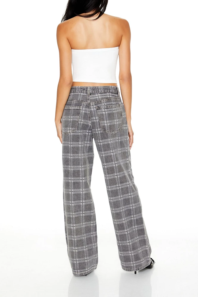 Plaid Mid-Rise Baggy Jeans