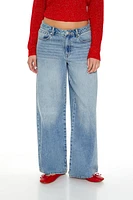 Embroidered Bow Baggy Mid Rise Jean