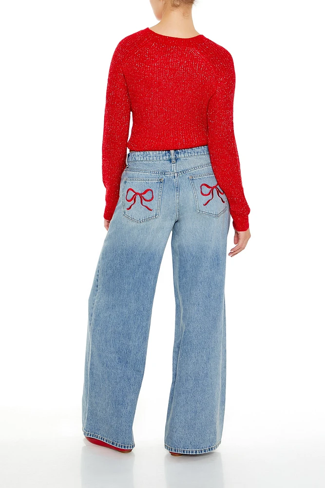 Embroidered Bow Baggy Mid Rise Jean