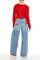 Embroidered Bow Baggy Mid Rise Jean