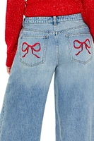 Embroidered Bow Baggy Mid Rise Jean