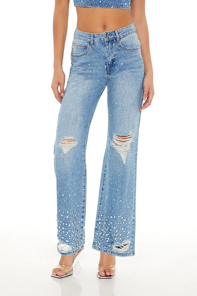 Rhinestone High Rise Distressed Flare Jean