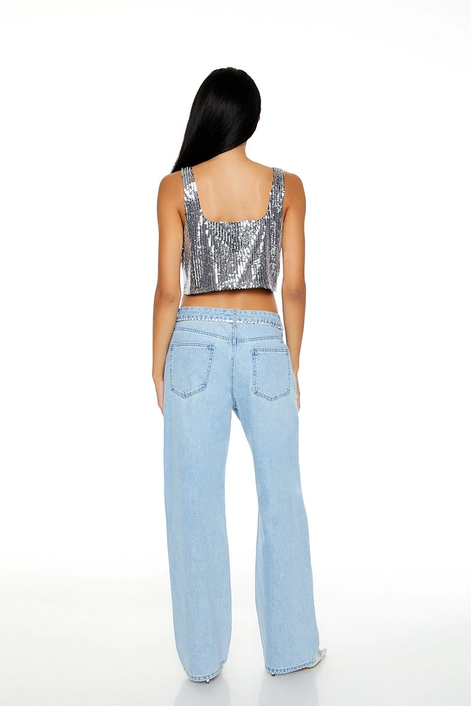 Rhinestone Trim High Rise Jean