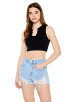 Rhinestone Fringe Distressed Denim Short