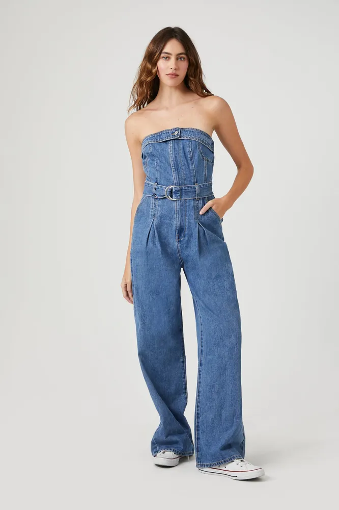 Belted Denim Tube Jumpsuit