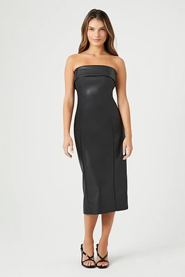 Faux Leather Strapless Midi Dress