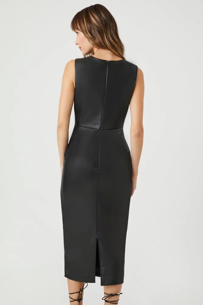 Faux Leather Square Neck Midi Dress