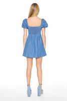 Denim Front Tie Puff Sleeve Mini Dress