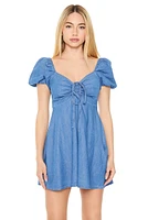 Denim Front Tie Puff Sleeve Mini Dress