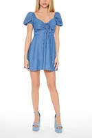 Denim Front Tie Puff Sleeve Mini Dress