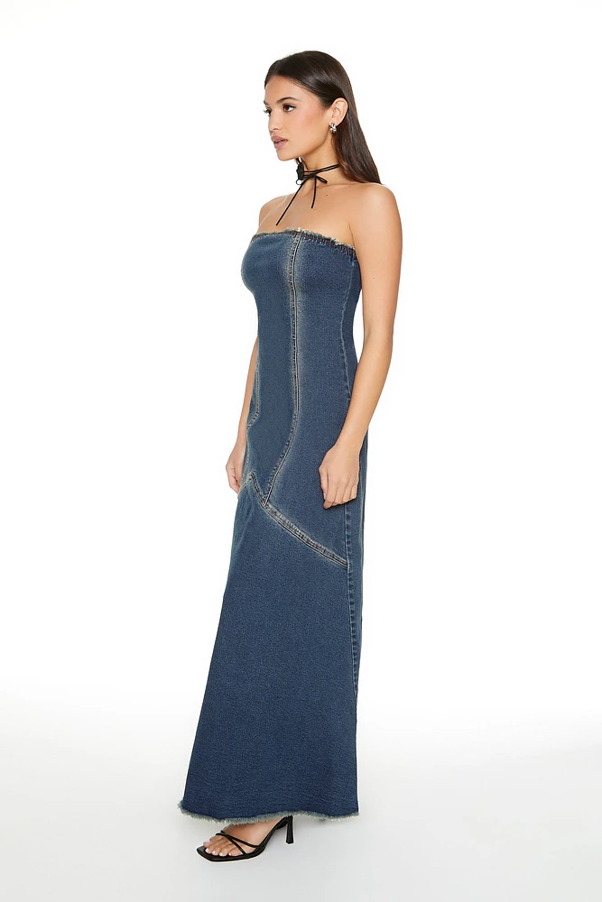 Frayed Denim Strapless Maxi Dress