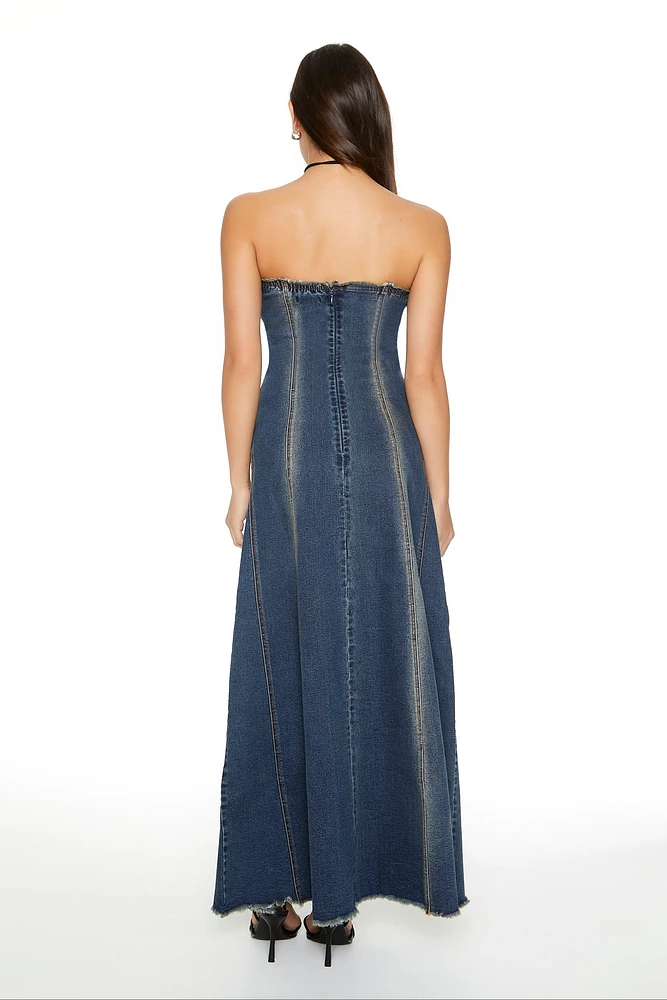 Frayed Denim Strapless Maxi Dress