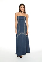 Frayed Denim Strapless Maxi Dress