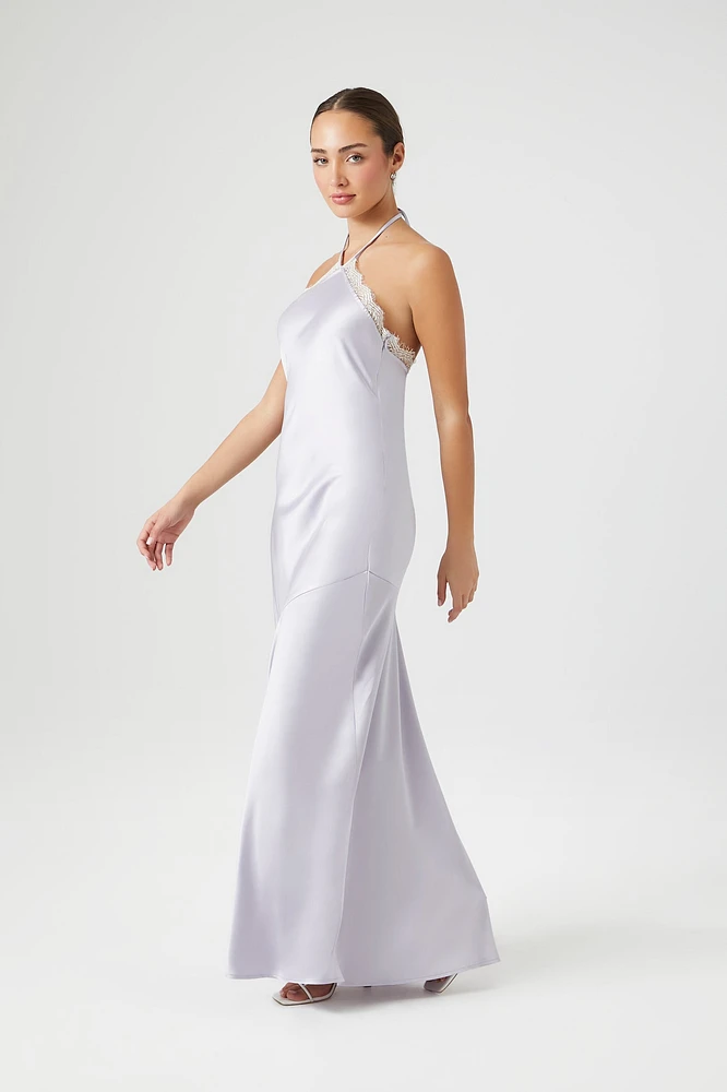 Satin Lace Trim Halter Maxi Dress