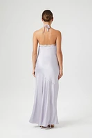 Satin Lace Trim Halter Maxi Dress