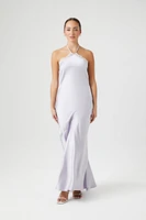 Satin Lace Trim Halter Maxi Dress