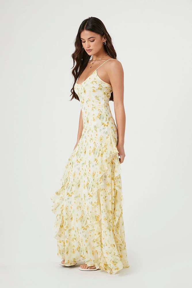 Floral Print Scoop Neck Ruffle Trim Maxi Dress