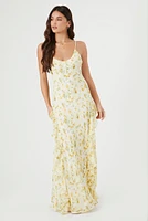 Floral Print Scoop Neck Ruffle Trim Maxi Dress