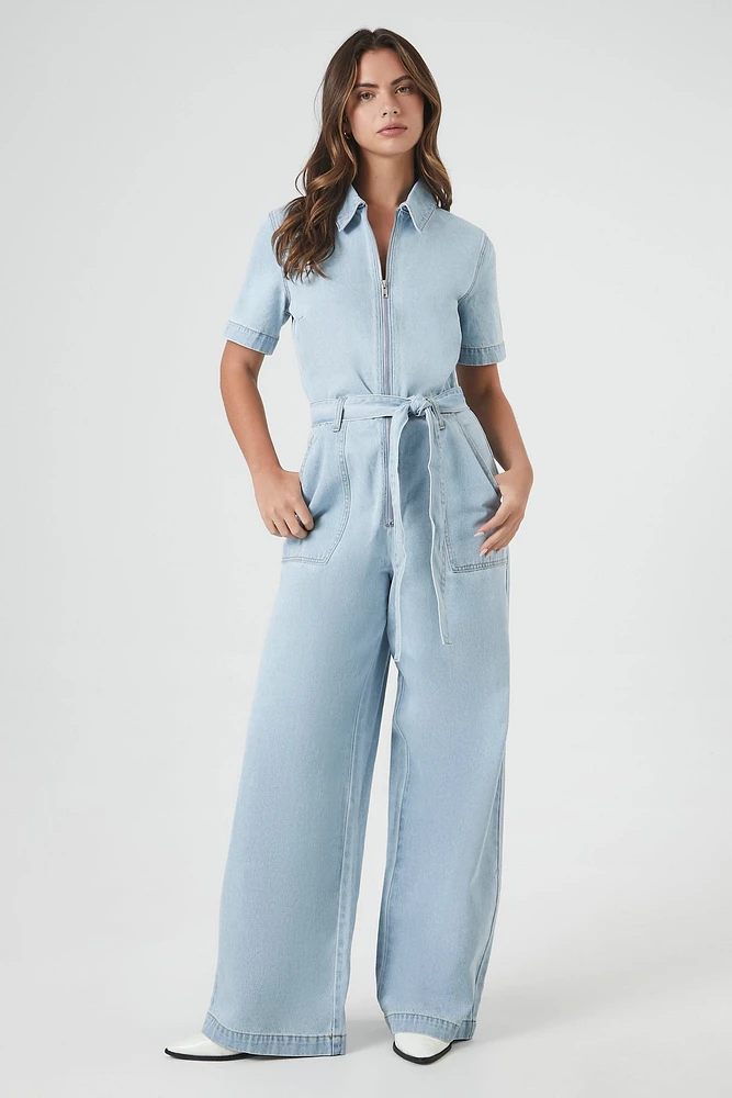 Zip-Up Wide Leg Denim Jumpsuit