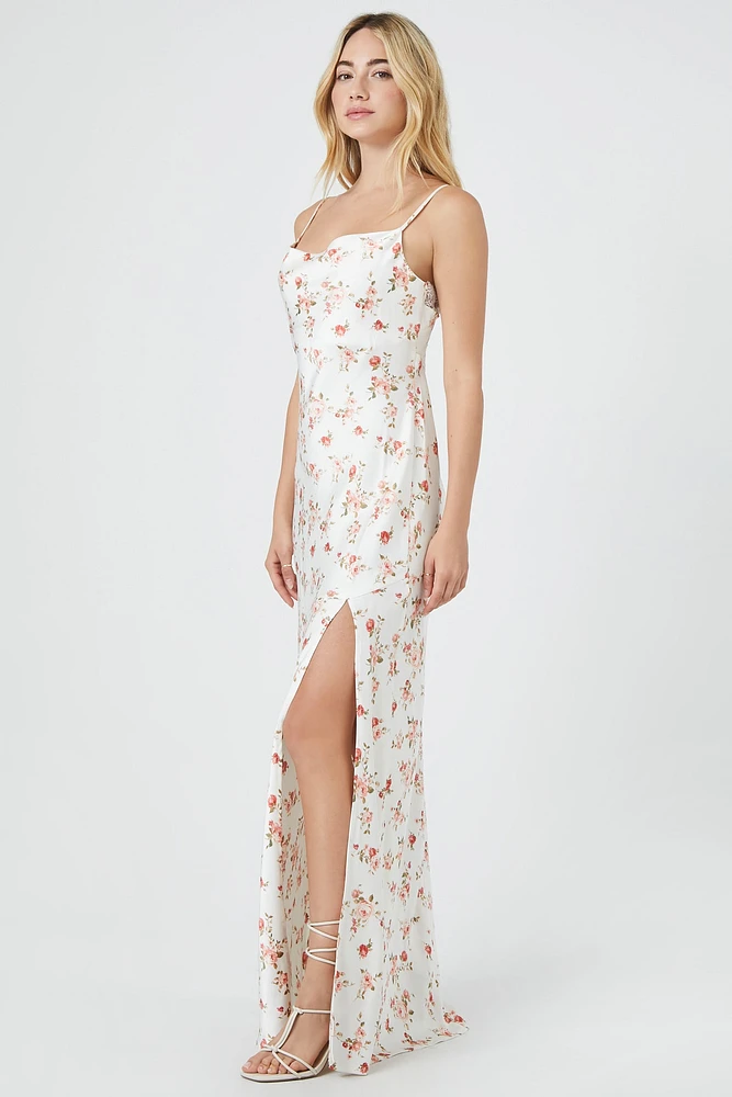 Satin Floral Cut-Out Maxi Dress